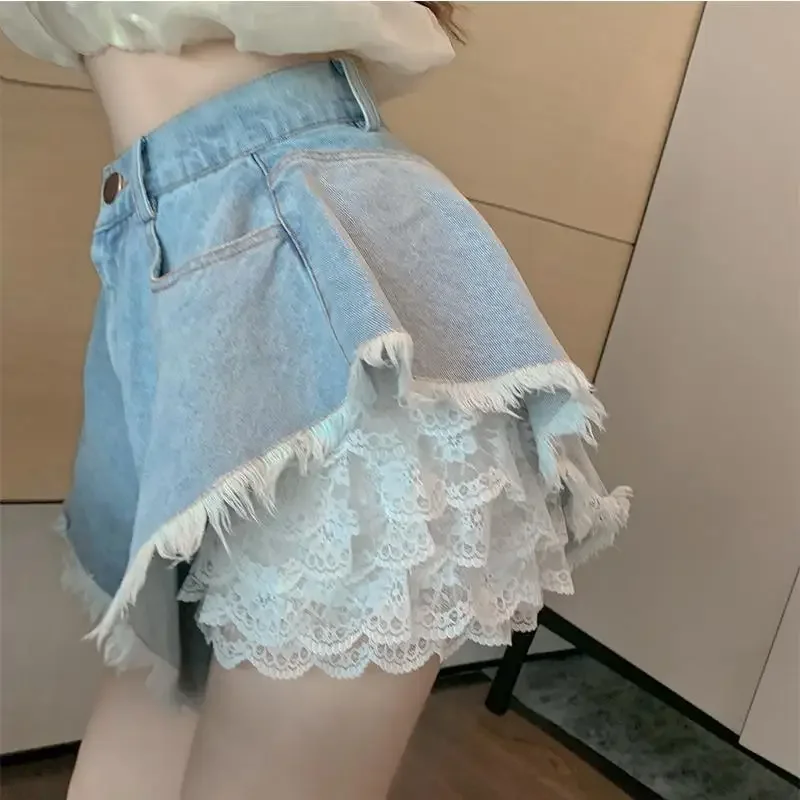 Woman Jeans Pants Women's Lace Denim Shorts Summer High Waist Baggy Pants Summer Pantalones Vaqueros Mujer