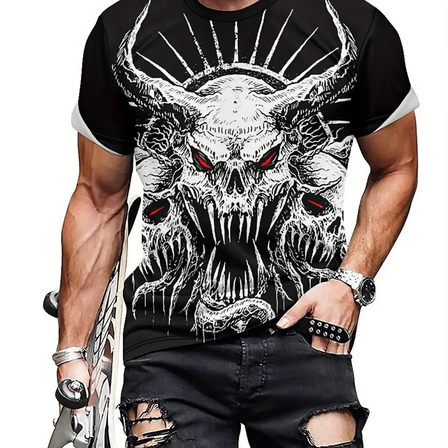 Camiseta masculina com estampa de caveira gótica do diabo – design de arte rock preto e branco, manga curta, poliéster, festa ouda