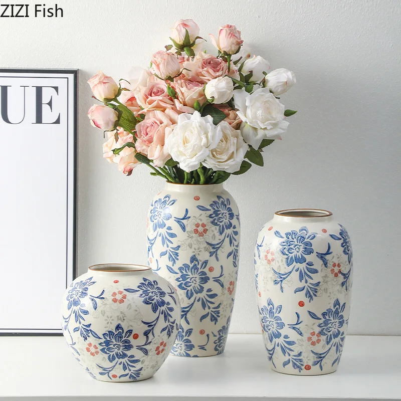 Red and White Porcelain Vase Elegant Classical Flowers Pot Desk Decoration Flower Arrangement Floral Vases Room Aesthetic Decor