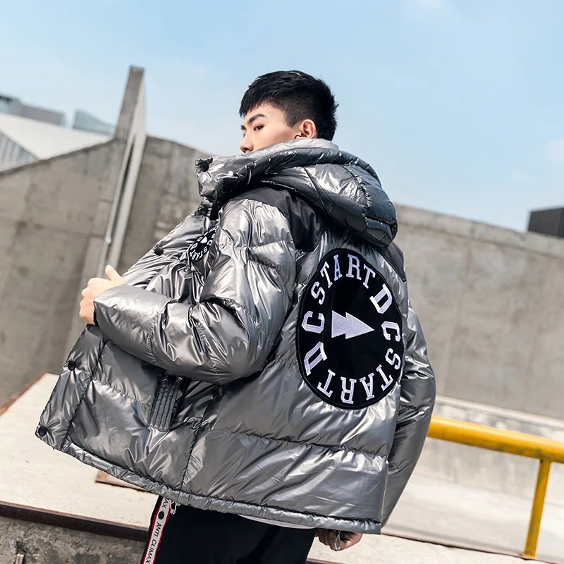 

Мужская утепленная хлопковая куртка с капюшоном, зимняя теплая глянцевая куртка в корейском стиле, модное повседневное пальто свободного кроя на молнии