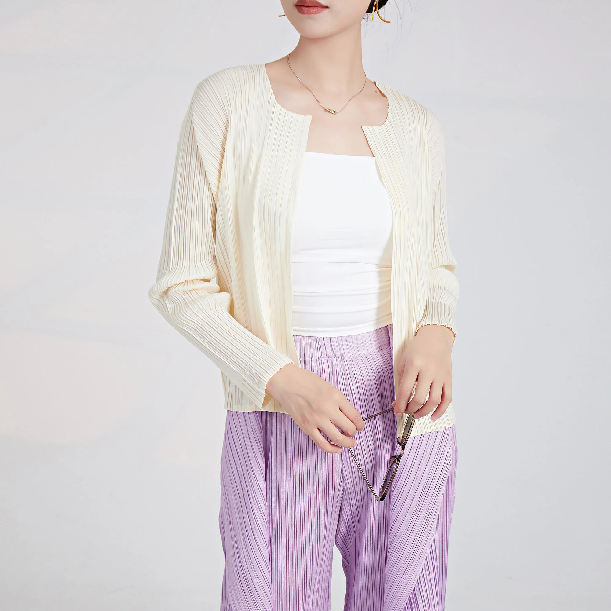 Miyake Women's Summer 2025 Cardigan Petite Print With V-Neck and Logo Sun Protection Loose Long Sleeve Shirt