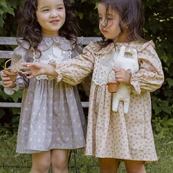 Autumn Korean Children Girl Flip Collar Princess Countryside Broken Flowers Dress Casual Simple Fashion 2024 Sweet