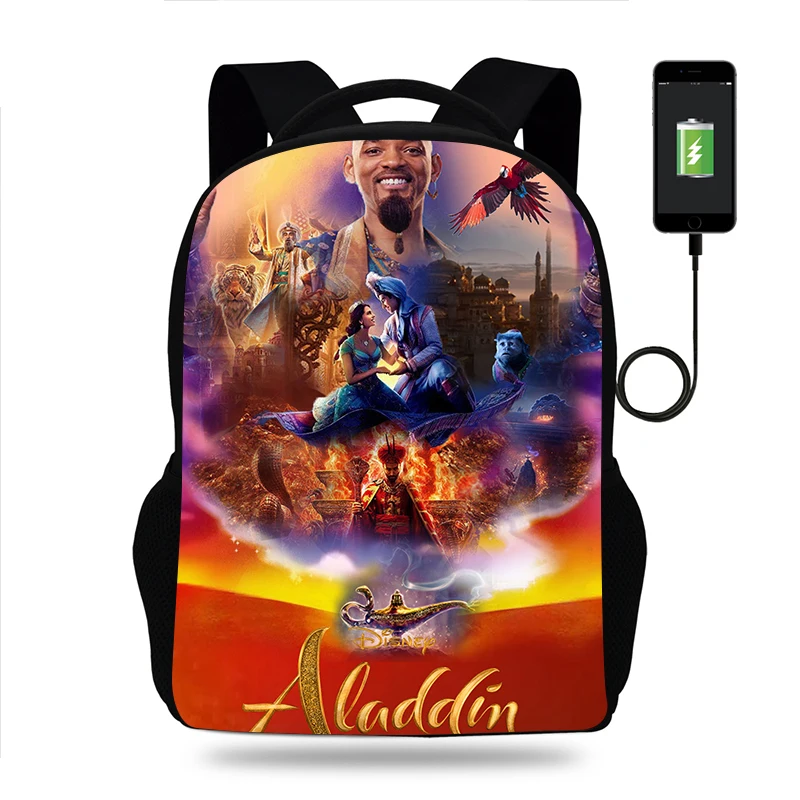 Disney-Sac à dos Aladdin pour garçons et filles, sac d'école pour adolescents, sac à dos de voyage USB pour hommes et femmes