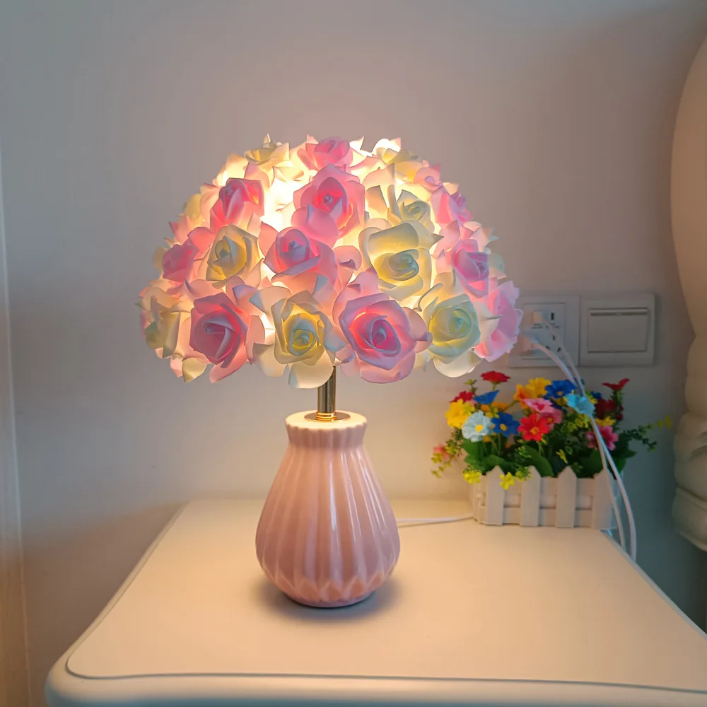 

Nice Umbrella Shaped Rose Table Lamp Pink Ceramic Rose Night Lights Bedroom Wedding Decoration Lighting