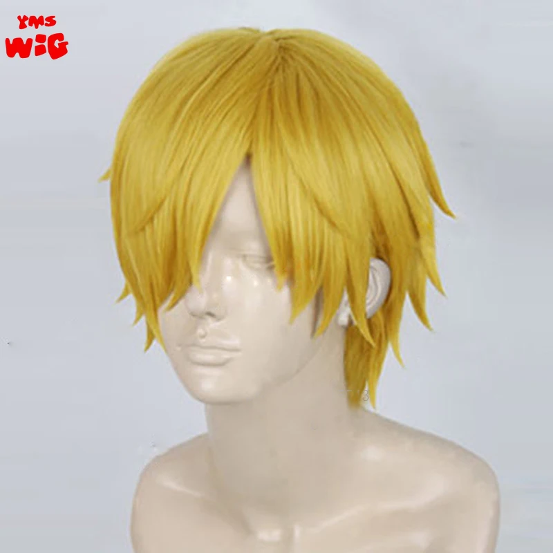 Sanji peruca reta curta e boné, perucas de cabelo sintético resistente ao calor, amarelo dourado, anime cosplay, alta qualidade, SW-206, T0755