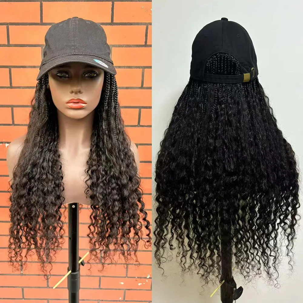 Boho Box Braids Baseball Cap Hat Wig Human Hair Bohemian With Human Hair Curly Ends Grab And Go Braided Hair Extensions For Wome