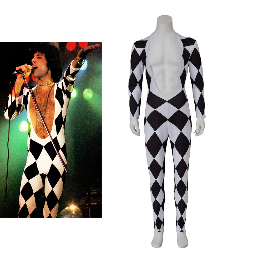 

Freddie Mercury Cosplay Singer Jumpsuit For Men Black White Plaid Deep V Bodysuit Halloween Party Lead Vocals Stage Show Outfits