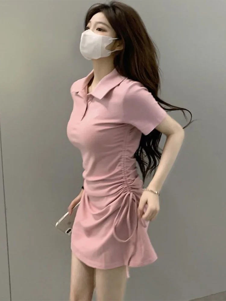 Nuomici coreano popular feminino verão mini vestido rosa polo pescoço doce cordão cinta fino ajuste vestido de manga curta vestuário de golfe