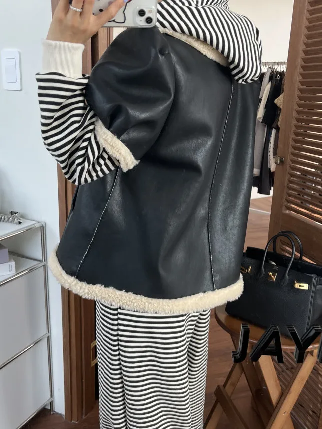 شتاء جديد Sle هونغ كونغ Sle ريترو شيك لامب الفراء جلد السائق Jaet المرأة الراقية يشعر ort ملابس خارجية الكورية فضفاضة تناسب