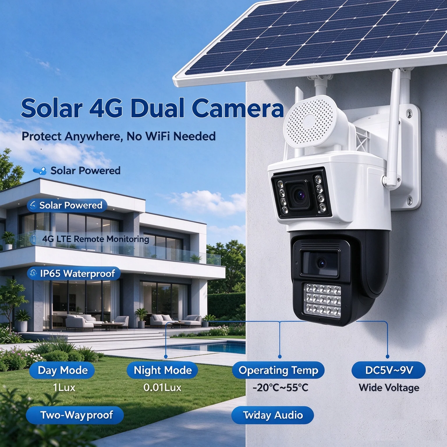 AOV 4G Solar Security Camera Dual Lens 3MP+3MP Color Night Vision Waterproof PTZ Two Way Audio Cam Free Data Cloud TF