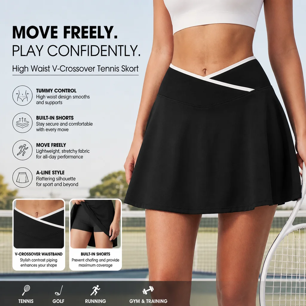 Women's High Waist V-Crossover Contrast Piping Tennis Skort with Built-in Shorts Tummy Control A-Line Athletic Mini Skirt for Go