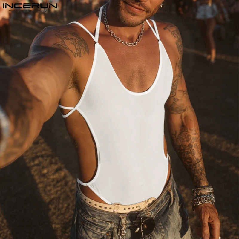 INCERUN Bodysuit Pria Jaring Transparan Tanpa Lengan Seksi Romper Playsuit 2025 Kerah V Fashion Warna Solid Bodysuit Pria S-5XL