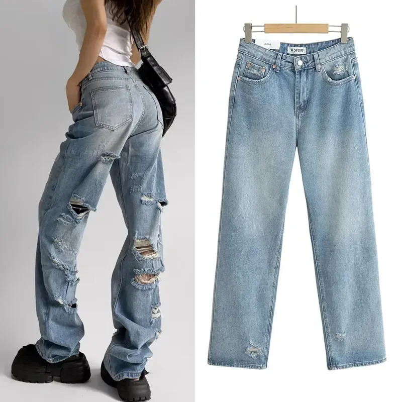 

Ripped Wide Leg Jeans Women Ankle Length Hole Denim Pants High Waist Loose Y2k Vintage Mom Jeans Zipper Fly Streetwear Blue