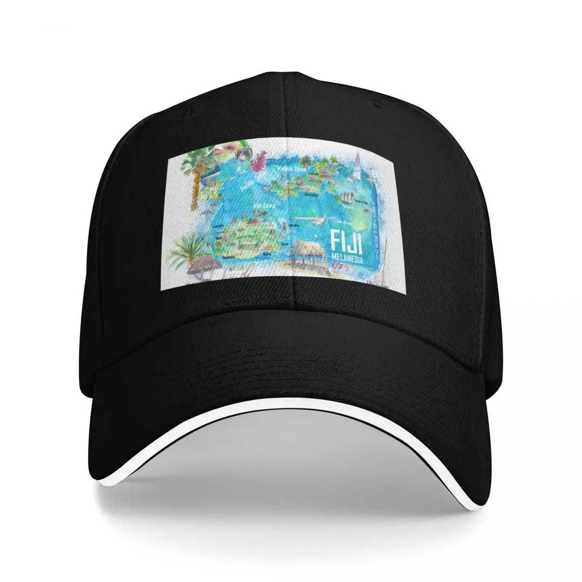 Fiji Illustrated Polynesia Island Travel Map with Roads and Highlights Baseball Cap Rugby Custom Cap For Girls Men's