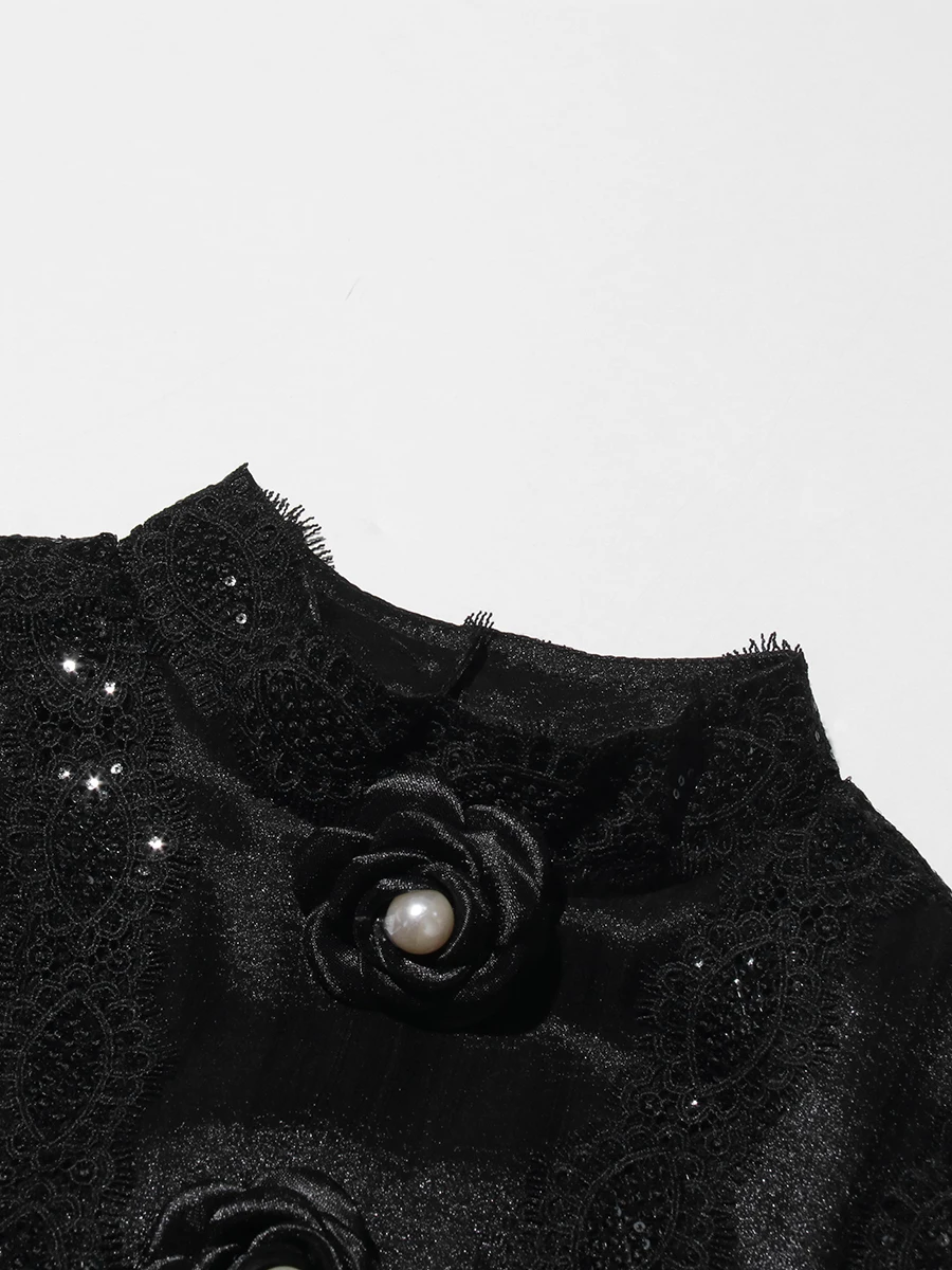 CHICEVER Spliced Floral SHEER Elegant ชุดผู้หญิงยืนคอโคมไฟแขนเอวสูงชุด Maxi กับเลื่อมหญิง