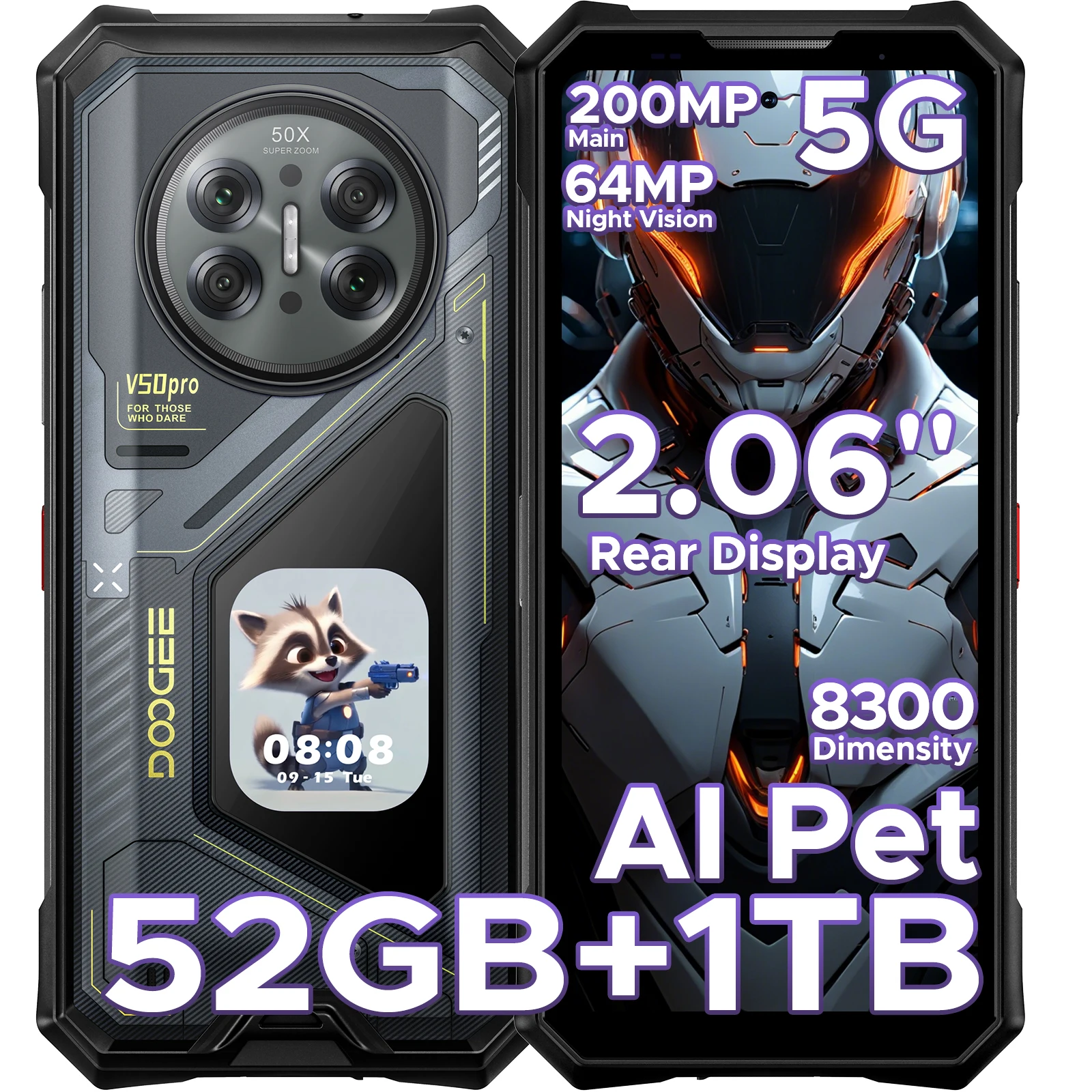 DOOGEE V50 Pro 5G AI Robuuste Telefoon 6.78" Dimensity 8300 52GB RAM (16+36) 1TB ROM met 2.06" AMOLED Multifunctioneel Achterdisplay 200MP Camera 64MP Nachtzichtcamera Android 16 Ondersteunt