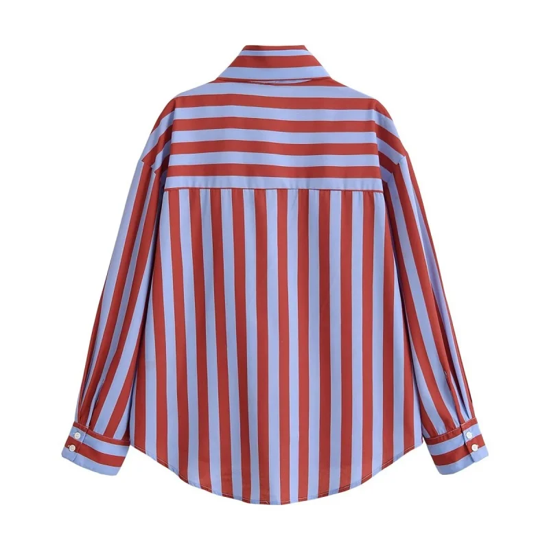 2026 Spring Summer Women Striped Shirt Long Sleeve High Neck Bow Tie Asymmetrical Hem Fashion Elegant Blouse Casual Tops - Detail 1