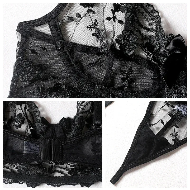 

CyN4O4 Floral embroidery sexy lingerie set women thin transparent bralette lace push up bra garters 3 piece sensual lingerie w N