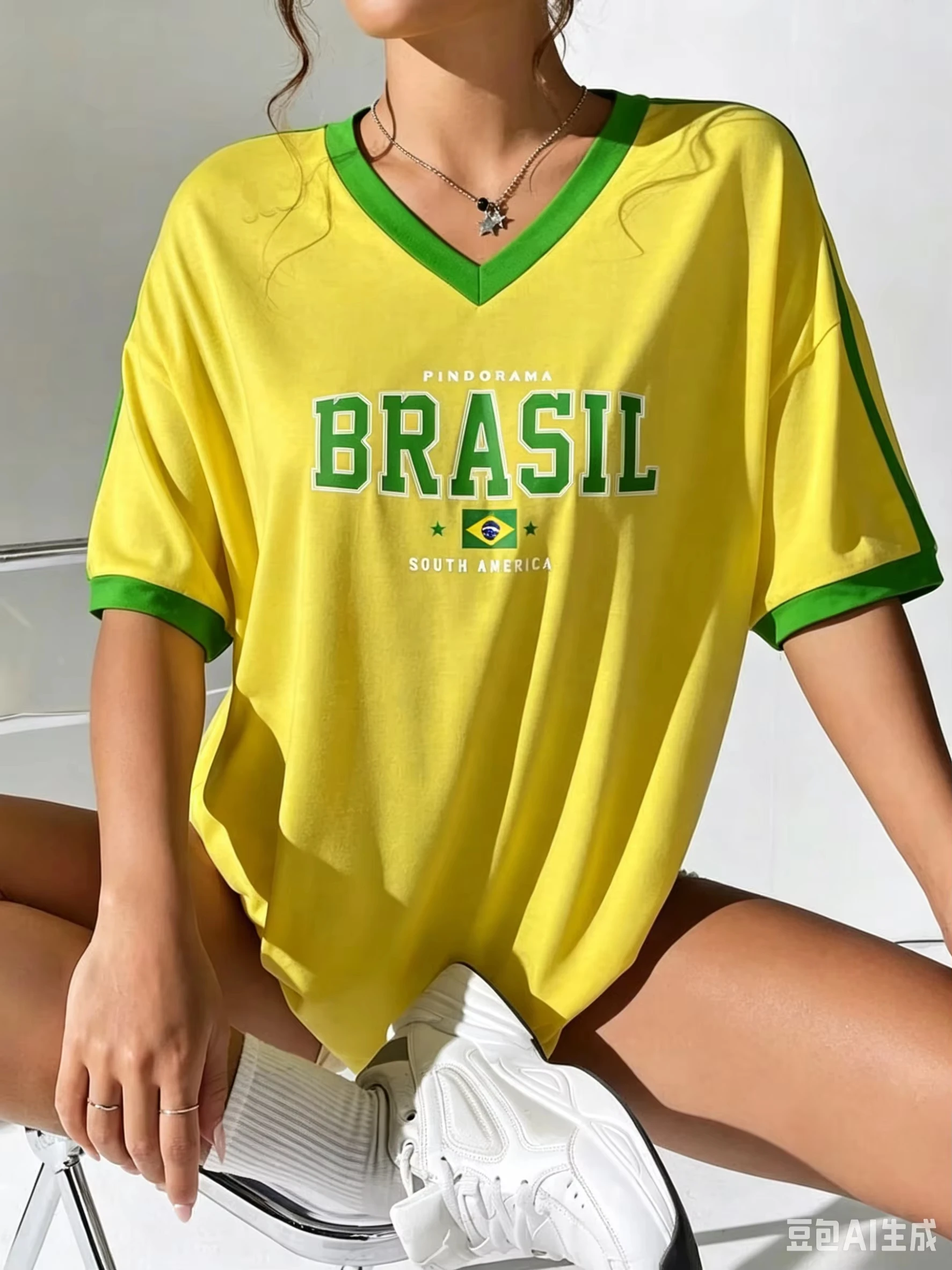 Summer Bright Yellow Football Jersey T-Shirt Brazilian Letter Print V-Neck Short Sleeved Loose Casual Sport Tops Family Matching
