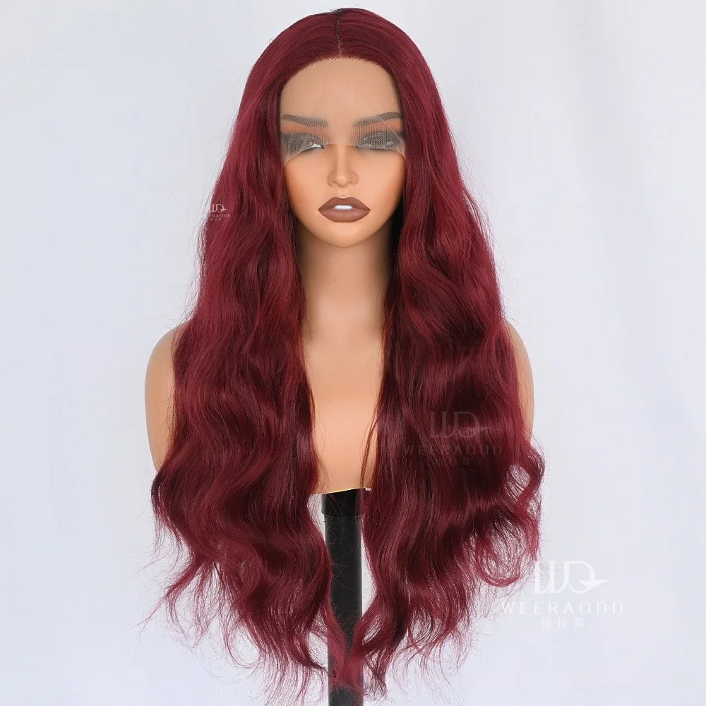 28 Inch Body Wave Dark Red Lace Front Wig for Women Glueless Heat Resistant Synthetic T Part Wig 150% Density Burgundy Cosplay