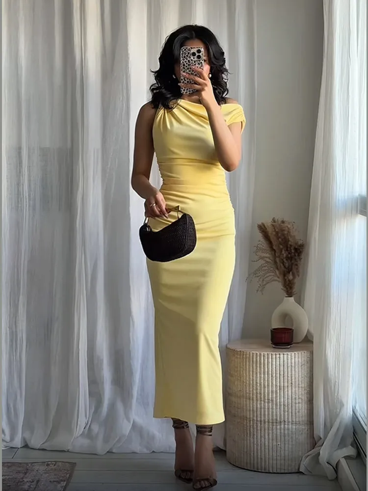 

Women's Dress Sleeveless Yellow Long Dress Women Ruffled Bodycon Elegant Party Dresses Woman Asymmetric Slit Midi Dress Vestidos