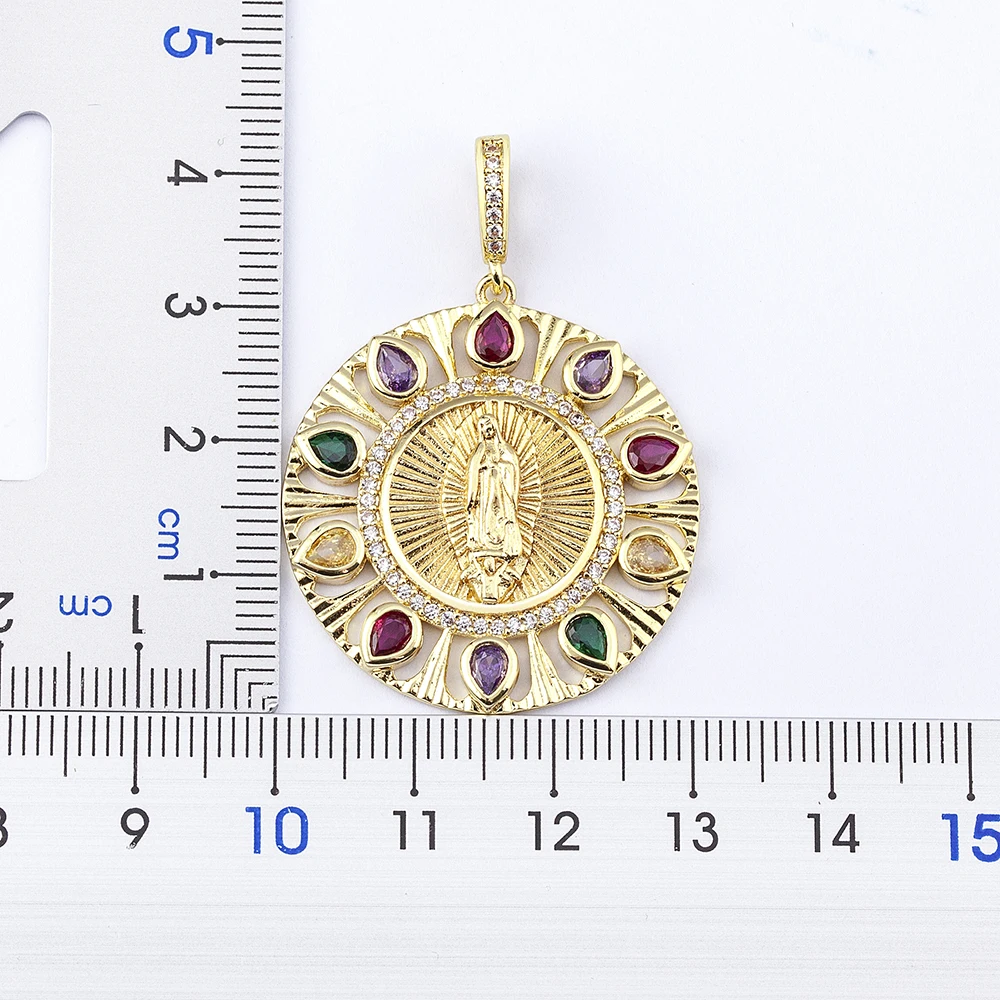 Nidin High Quality Zircon Virgin Mary Inlaid Rainbow Water Drop Shiny Rhinestone Pendant Necklace Unisex Religious Jewelry Gifts