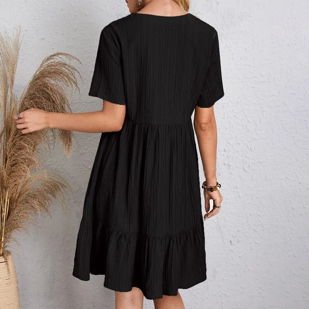 Women Summer Dresses Spring V-Neck Short Sleeve Loose Waist Ruffle Fit Flare Vocation Dresses