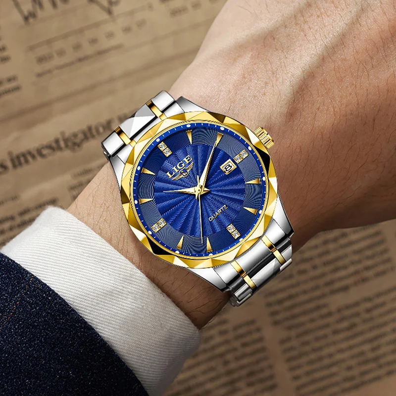 LIGE Relógio Masculino de Aço Inoxidável Moda Diamante Luminoso Negócios Relógios de Quartzo Homens Esportes Militares À Prova D 'Água Data Homem Relógio