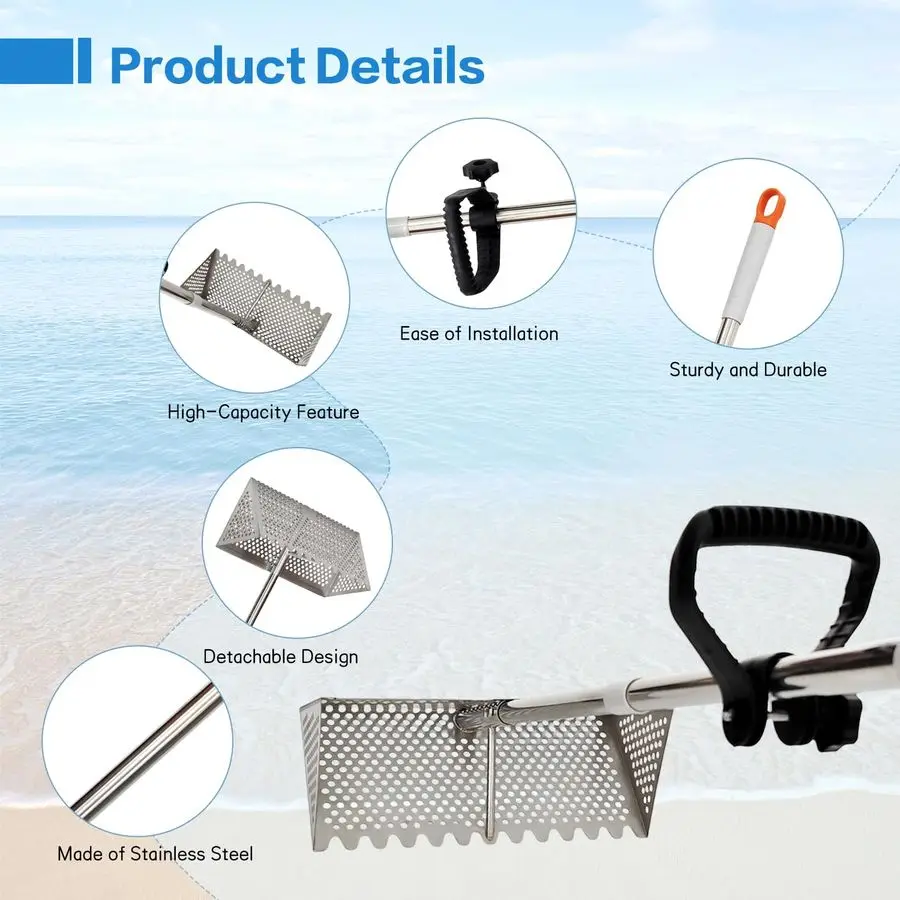 Flea Rake, Detachable Long Handle Sand Sifter for The Beach, The Shark Tooth Screen Comes with a 16in Wide Drain Screen with a 5