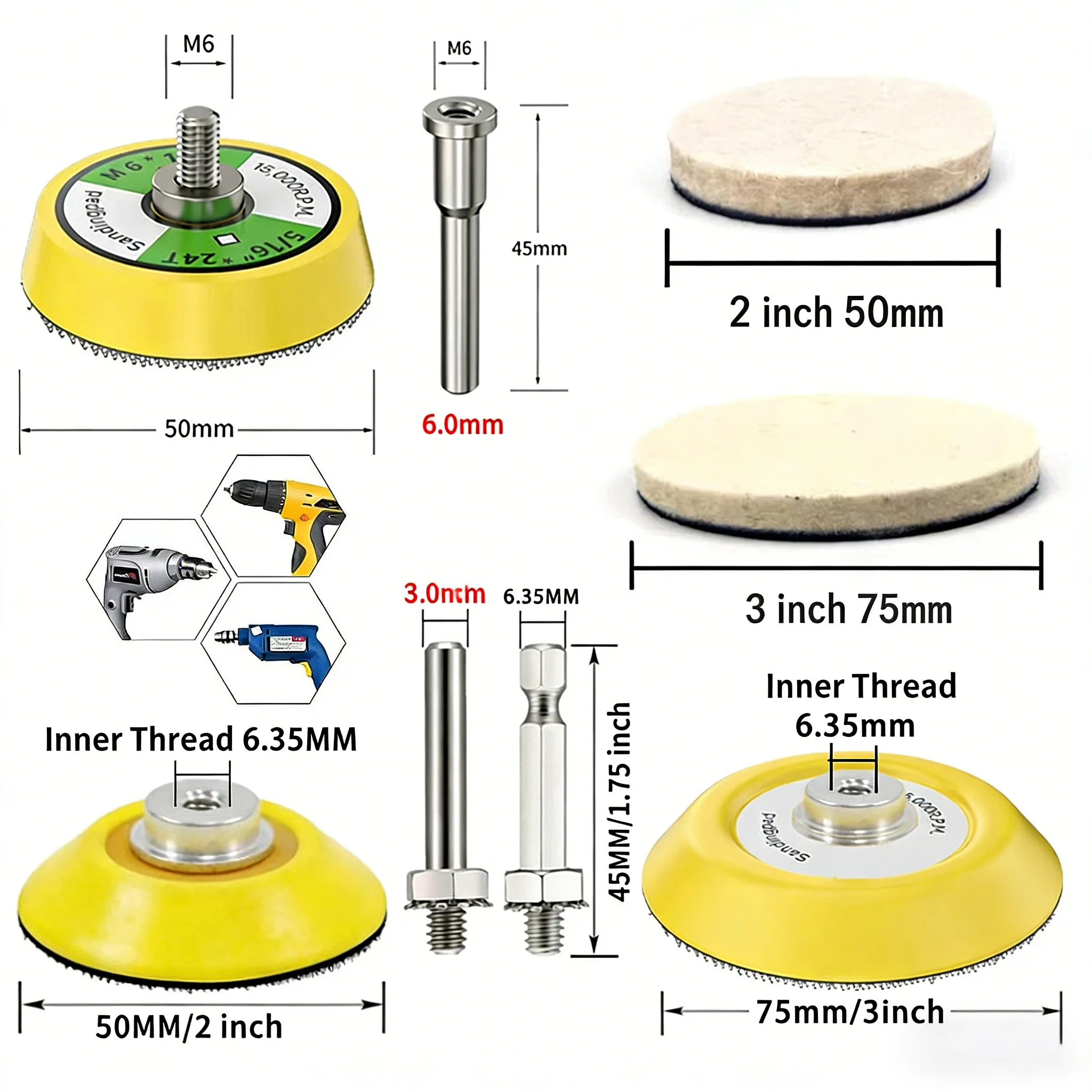 2 Inch 3inch Wool Polishing Pads Set Self-Adhesive Fleece-Backed Wool Felt Wheel Polishing for Car Paint Care Detailing Repair