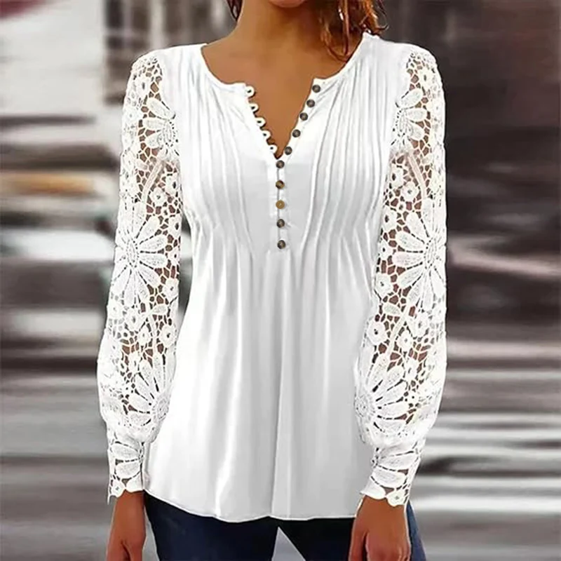 

Combhasaki Women Basic Button V-Neck Pleated Floral Lace Embroidery Hollowed Long Sleeve Patchwork Shirt Flare Ruffle Hem Blouse