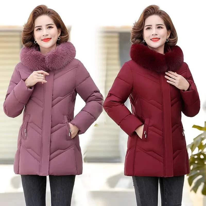 

Down Cotton Jacket Women 2022 Winter New Fashion Slim Middle aged Mothers Padded Coat Female Large Fur Collar Hooded Long Parkas
