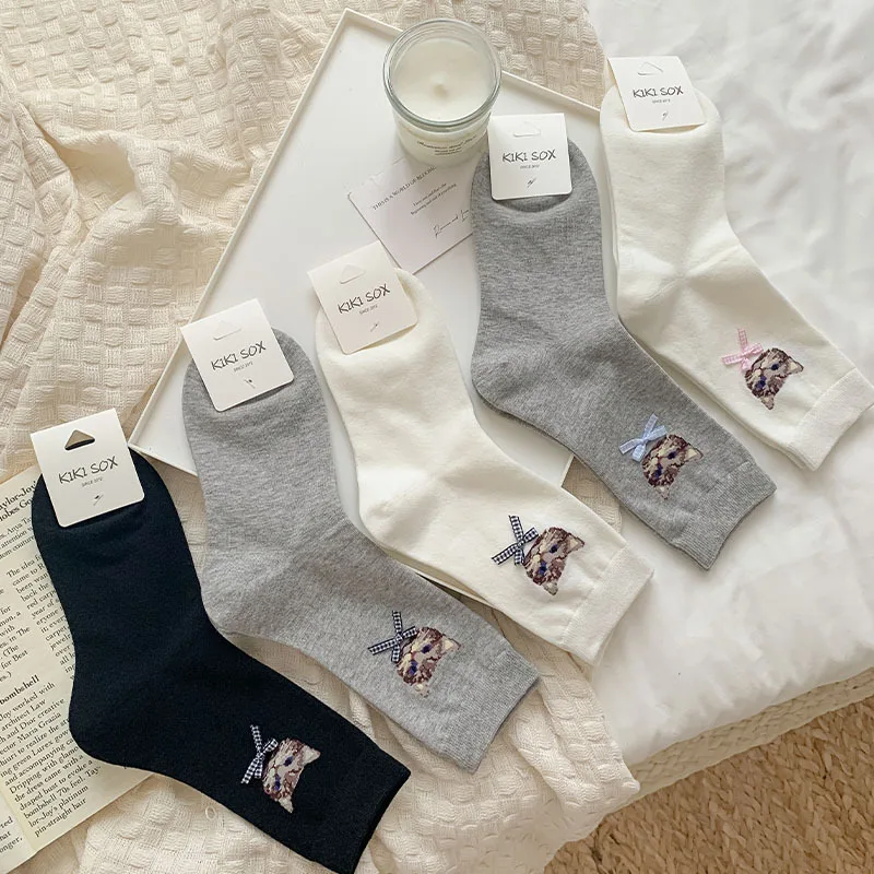 Autumn and Winter Korean Version Contrasting Color Cute Cat Dog Paw Embroidery Mid-tube Socks for Women Thick Knitted Pile Socks