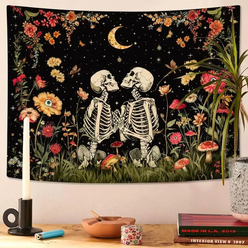 VIKAMA Skeleton Lovers Tapestry Floral Meadow Crescent Moon Butterfly Mushroom Gothic Wall Hanging Romantic Bedroom Decor