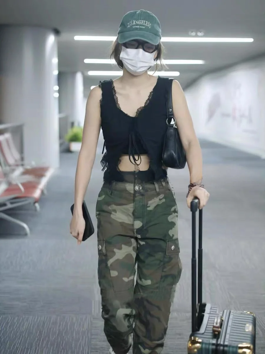 

Loro Ciuffenna American Design Workwear Camouflage Pants Large ket Button Cross Casual Trousers for Women Autumn l W...