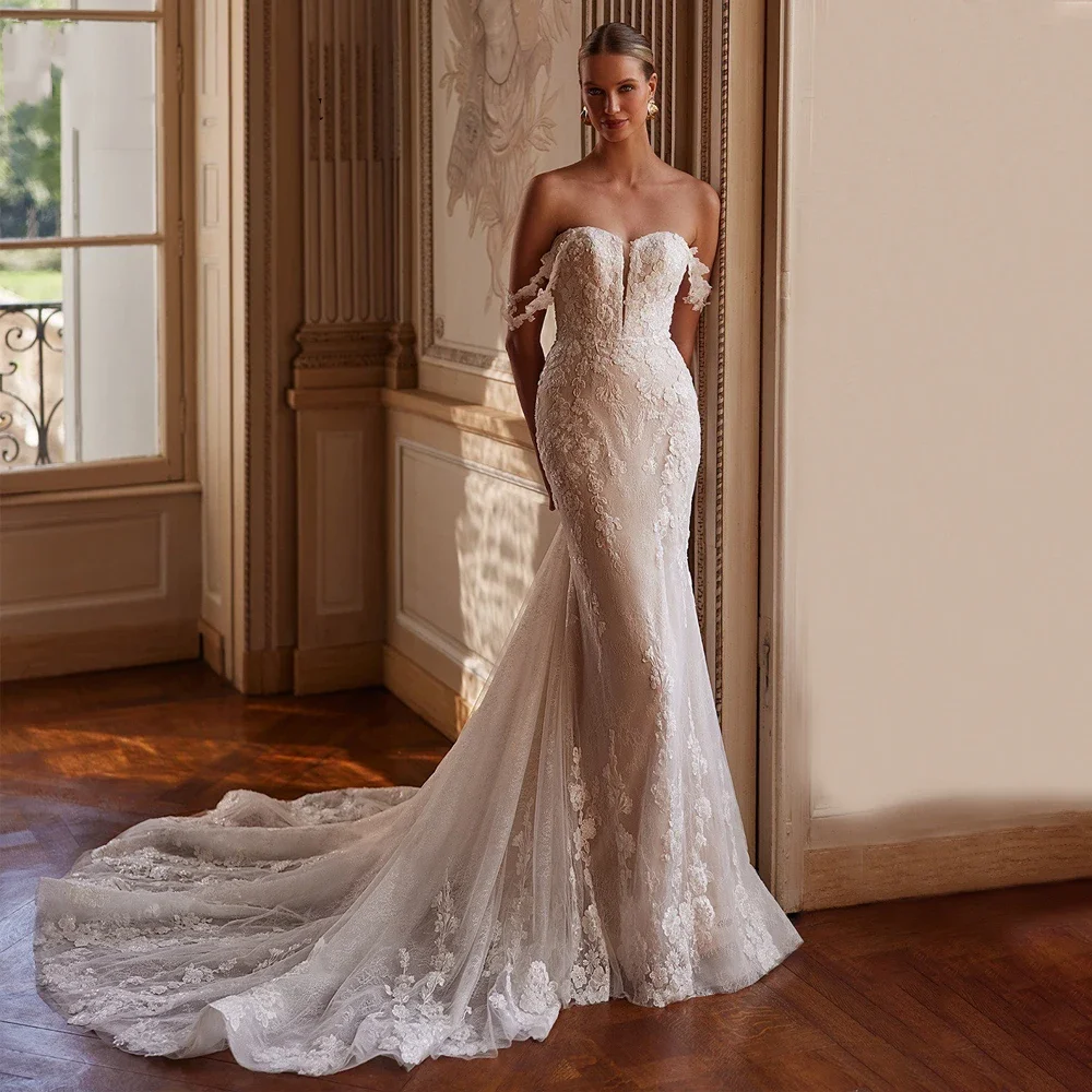 

Индивидуальные элегантные свадебные платья с вырезом «сердечко», кружевными аппликациями и открытыми плечами, фасон «русалка», Vestido De Novia Boda