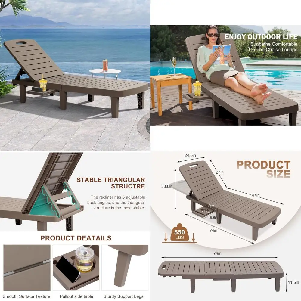 Outdoor Waterproof Adjustable 5-Position Recliner Chairs, All-Weather Resin Lounge Chairs for Patio, Deck, and Garden
