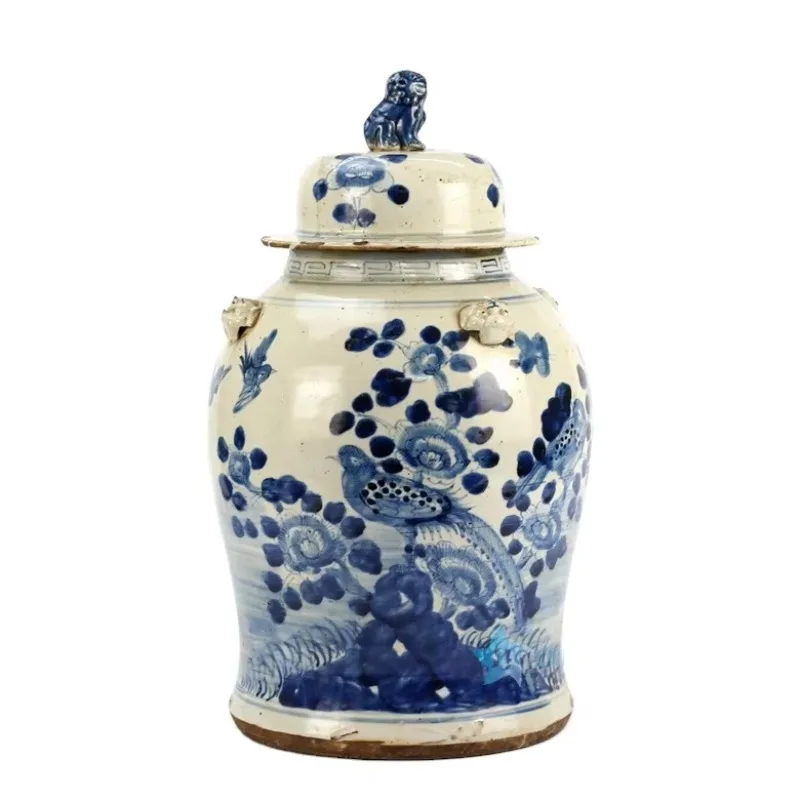 

Old clay blue and white bird flower ceramic temple jar