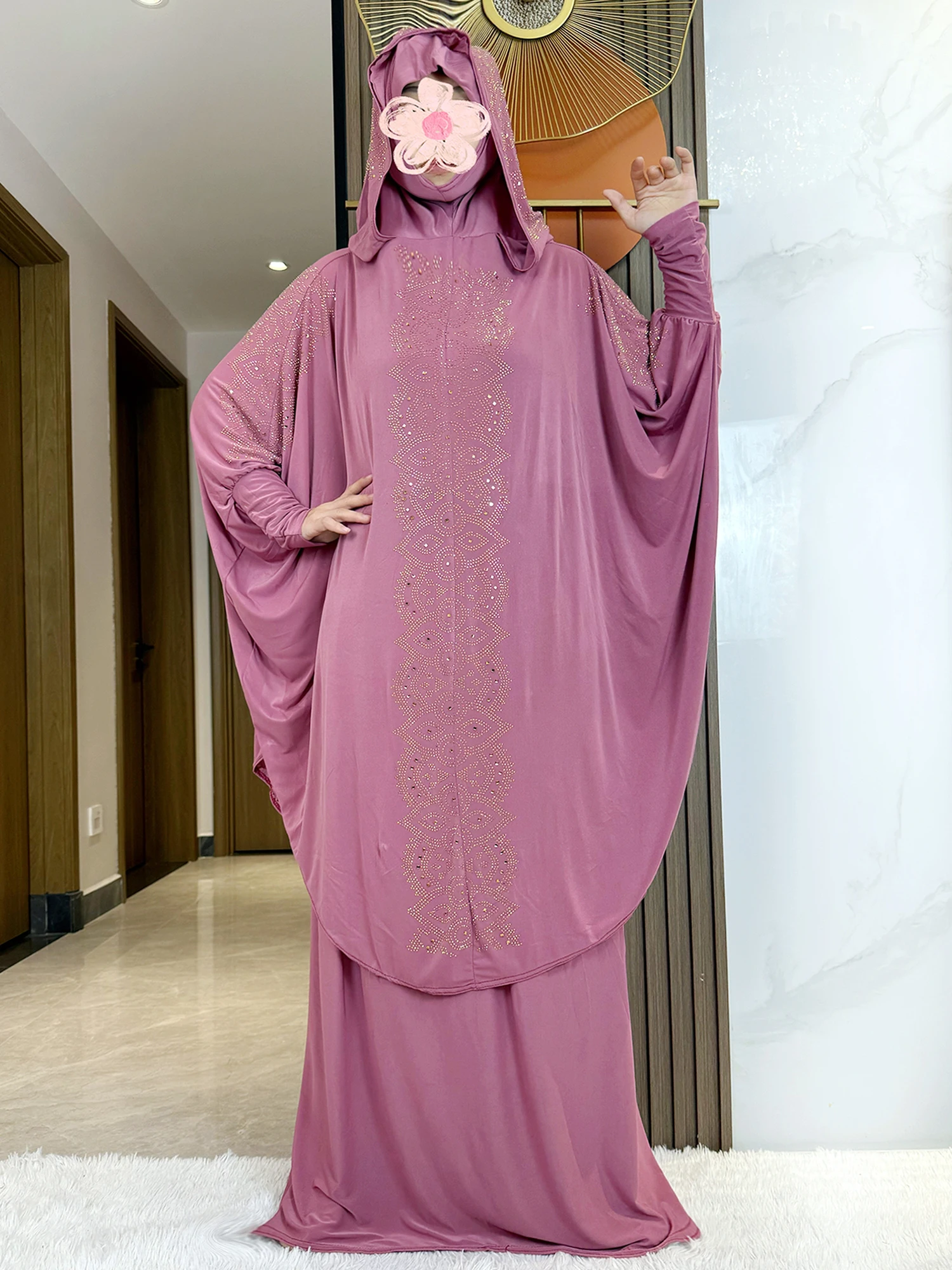 2025 New Ramadan Two Pieces Set Solid Stones Muslim Abaya Set Women Prayer Garment Dress Hijab Long Khimar Skirt Sets Islamic