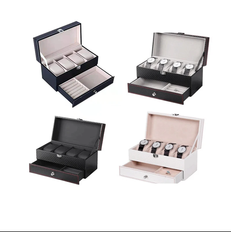 WellZone Double-Deck Black/White Magnetic Top Watch Box 4 Slots PU Leather Jewelry Organizer Travel Display Case for Men/Women