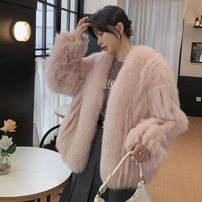 2023 Winter Fox Fur Women's Jacket Medium and Long Fashion Soft Warm Solid Color Embellishment Fresh O-neck Long Sleeve Real Fur