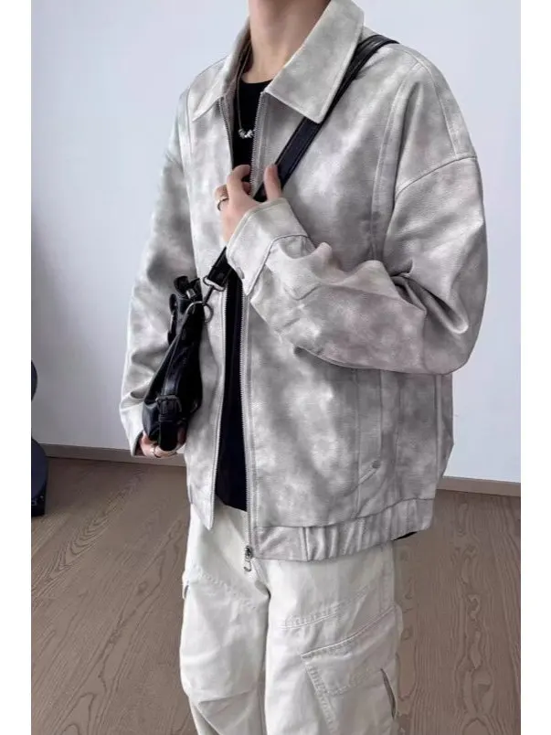 

American Sle Men's Leather Jaet ey Retro Collar Biker Riding Clothes Spring Autumn Casual Loose Fit Long Sve Zipper