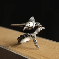 Buyee 925 Sterling Silver Male Ring Finger Marlin Fish Open Ring for Women Men Fashion Animal Unique Fine Jewelry Circle Gift