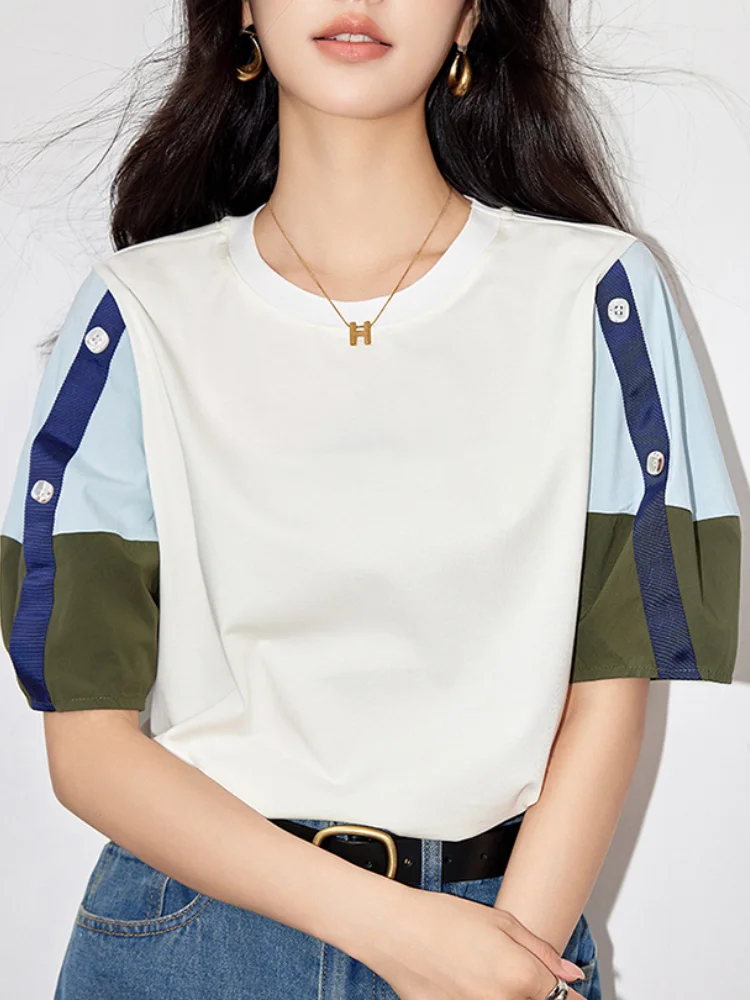 Summer New Women's Casual T-shirt Korean Version Round Neck Short Sleeve Loose Patchwork Design Shirt