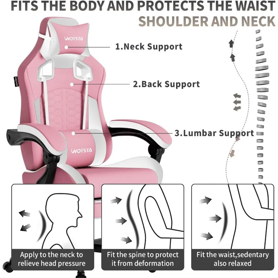 เก้าอี้เกมมิ่งสีชมพูพร้อมฟังก์ชันนวด ดีไซน์ตามหลักสรีรศาสตร์สำหรับการเล่นเกมเป็นเวลานาน เก้าอี้พีซีพนักพิงสูงพร้อมที่วางเท้าปรับได้
