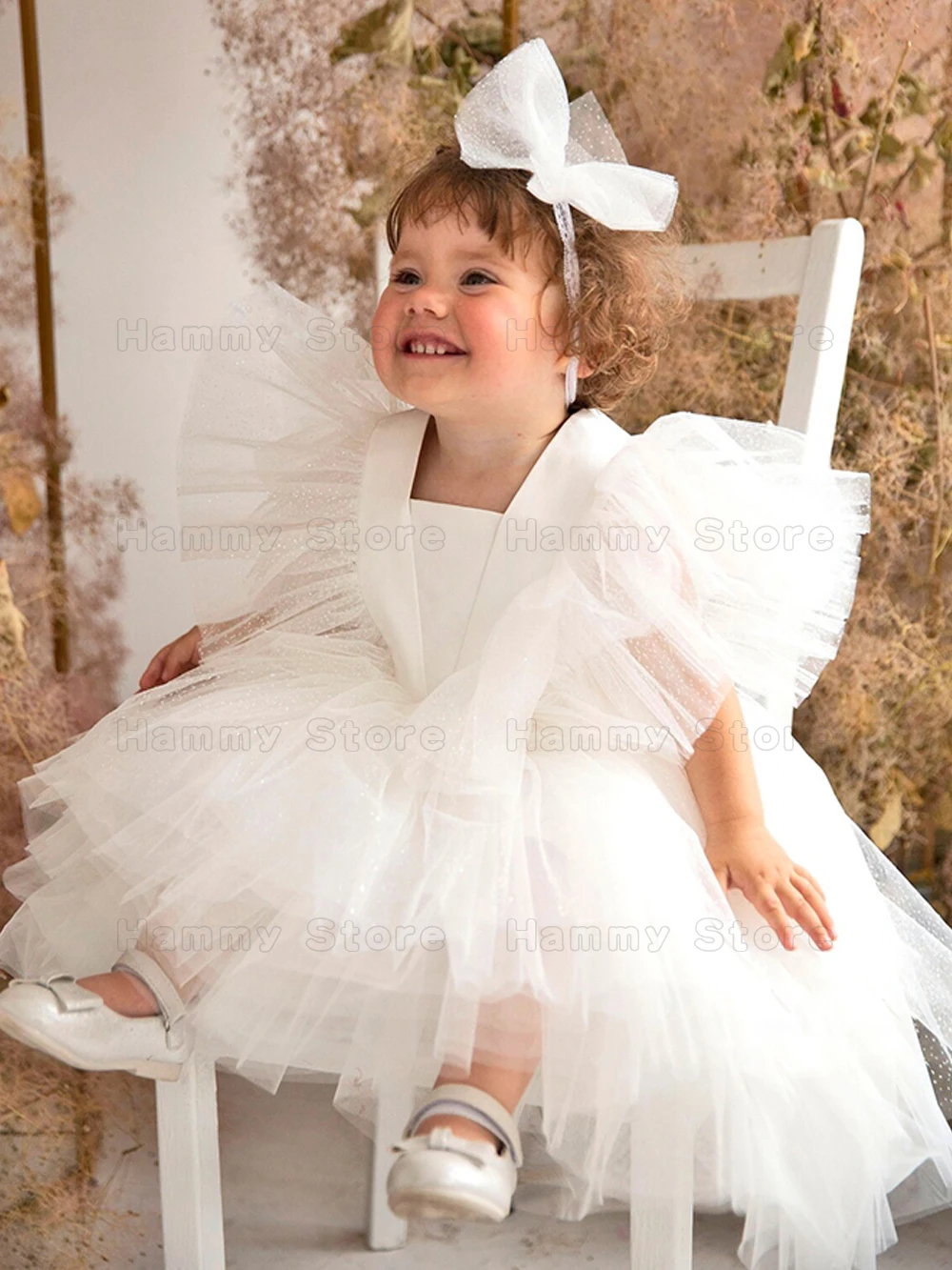 Vestido de flores con purpurina para niña, vestido de fiesta de manga corta con volantes para cumpleaños, vestido hinchado para primera comunión