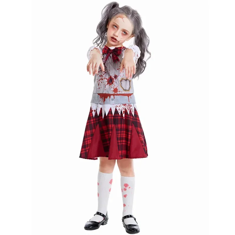 SN88 2024 Women Zombie School Fancy Dress Outfit Men Scary School Uniform Boy Family Bloody Zombie Schoolgirl Halloween Cost%#2@