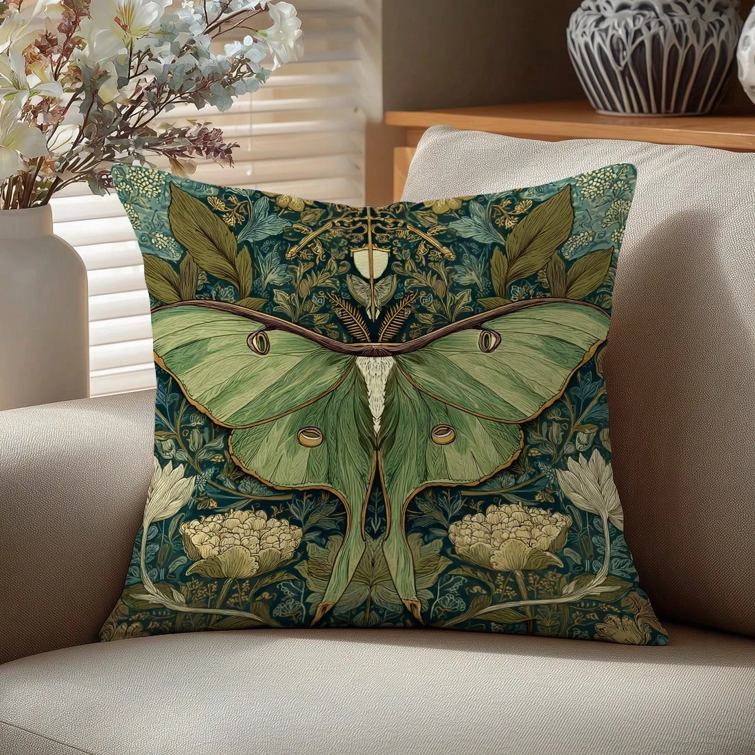 Green Luna Moth Pillow Double Sided 2D Print Artistic Soft Pillow Cover Bedroom Living Room Couch Decor Cozy Vibe Accessory Gift