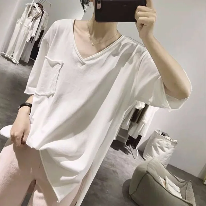 

Summer Women Korean Fashion All-matched Casual Loose Tops V-neck Short Sleeve T-shirt Female Plus Size Vintage Solid Color Tops