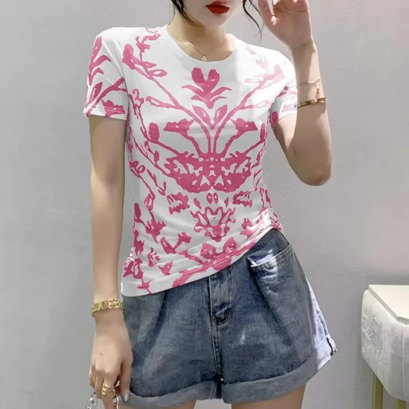 Sommer Frauen Pullover Kurzarm Rundhals Pflanze & Blumen drucken T-Shirt lässige Mode Kleidung Büro Dame süße Tops